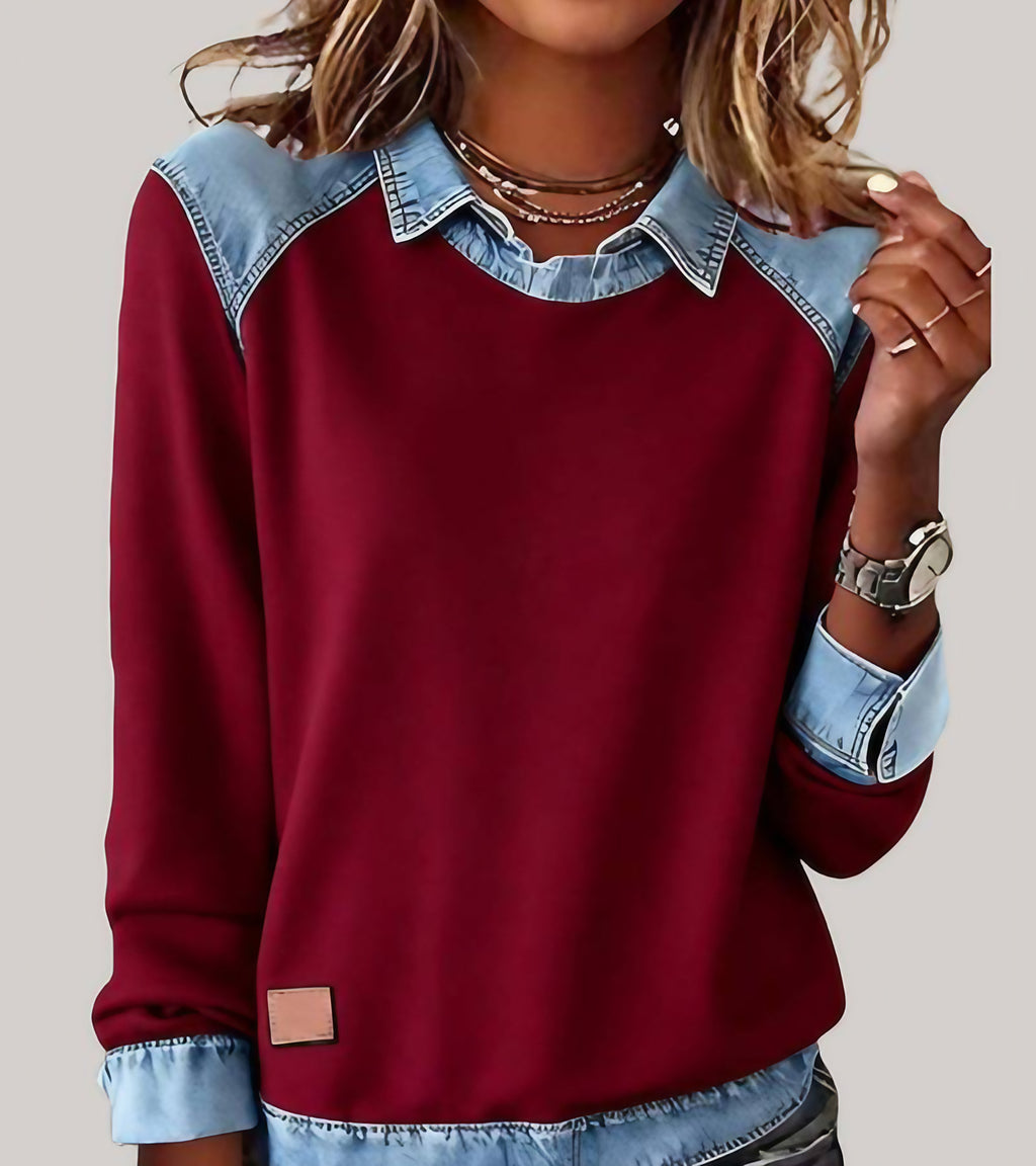 Pull femme manches longues à contrastes, coupe ample, douze coloris, rouge