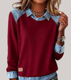 Pull femme manches longues à contrastes, coupe ample, douze coloris, rouge