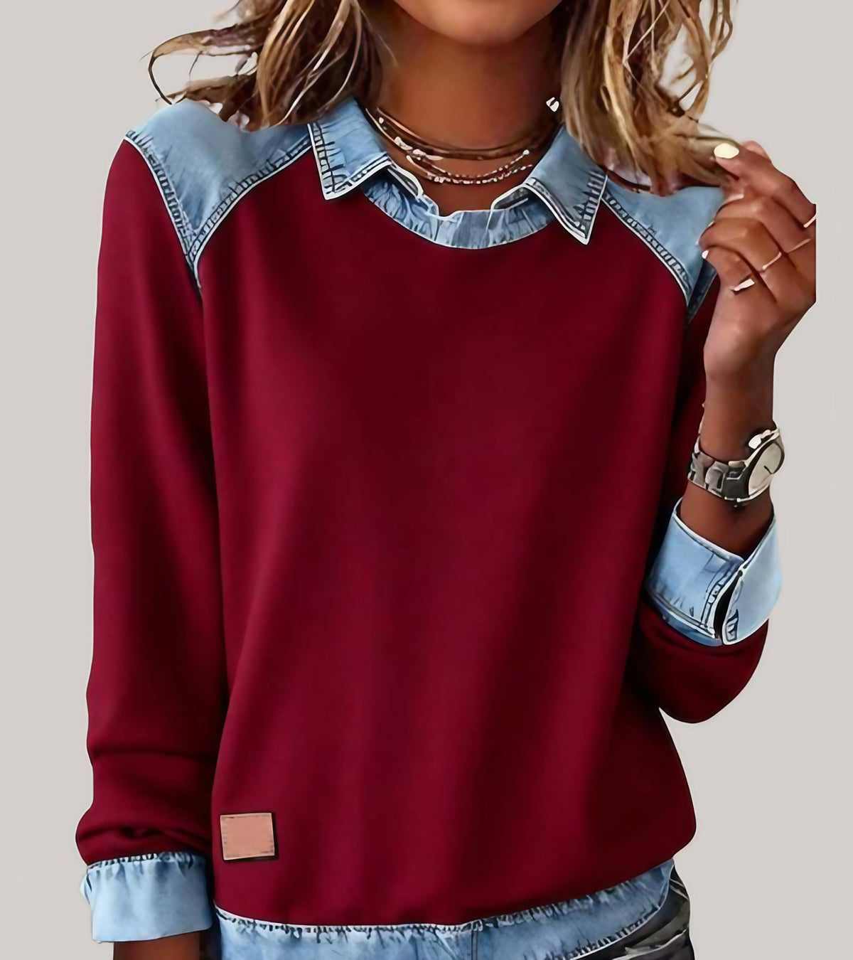 Pull femme manches longues à contrastes, coupe ample, douze coloris, rouge
