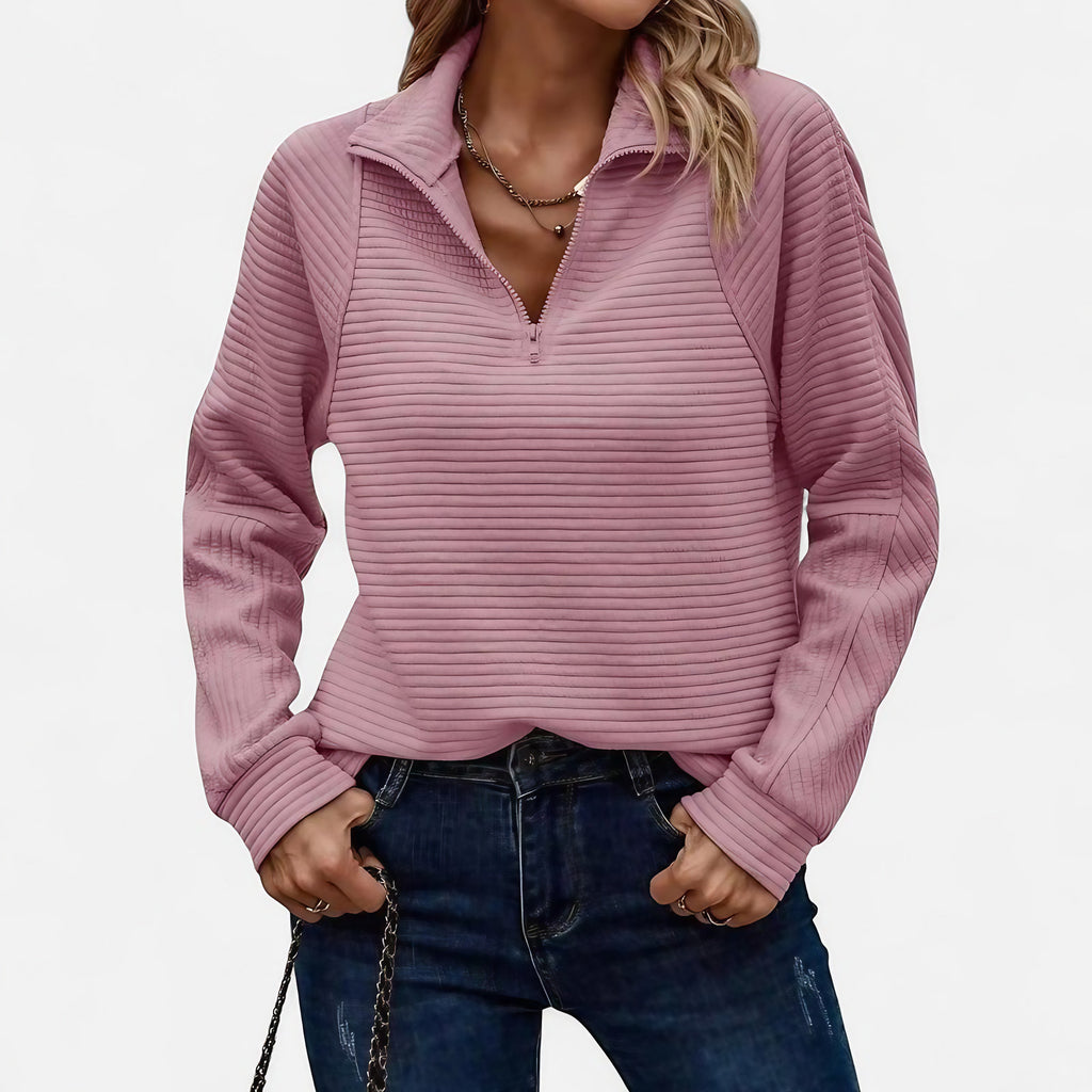 Pull femme en maille côtelée, col montant à demi-zip, rose