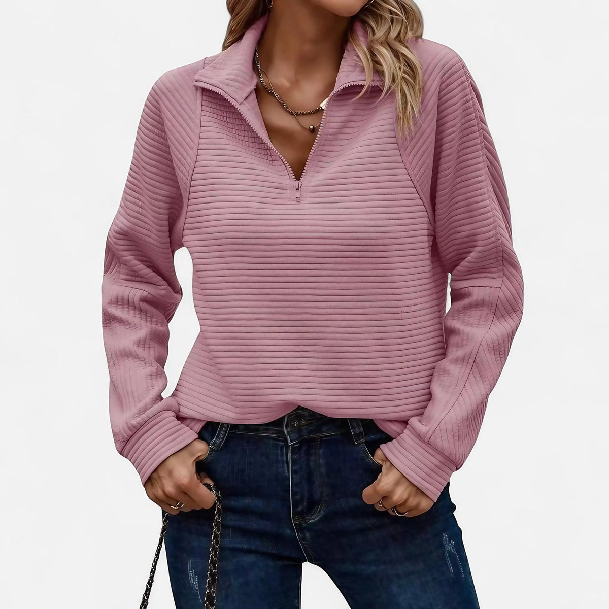 Pull femme en maille côtelée, col montant à demi-zip, rose