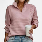Pull femme en maille côtelée, col montant à demi-zip