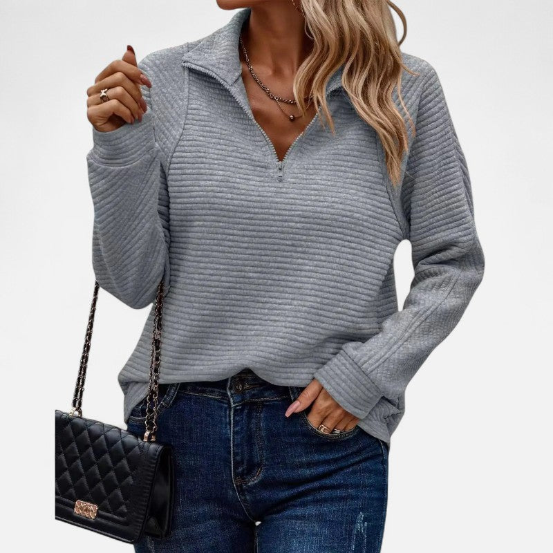 Pull femme en maille côtelée, col montant à demi-zip