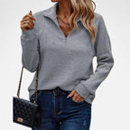 Pull femme en maille côtelée, col montant à demi-zip