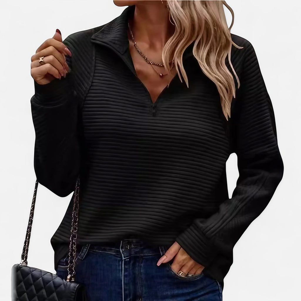 Pull femme en maille côtelée, col montant à demi-zip, noir