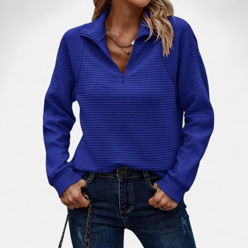 Pull femme en maille côtelée, col montant à demi-zip, bleu