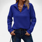 Pull femme en maille côtelée, col montant à demi-zip, bleu
