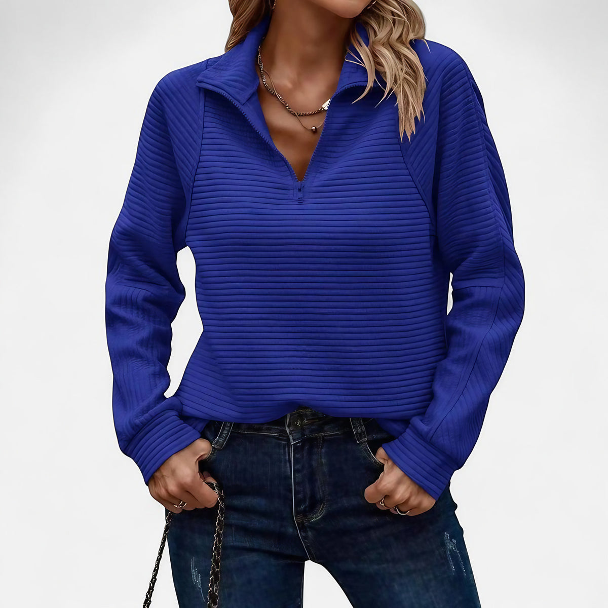 Pull femme en maille côtelée, col montant à demi-zip, bleu