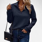 Pull femme en maille côtelée, col montant à demi-zip, bleu foncé