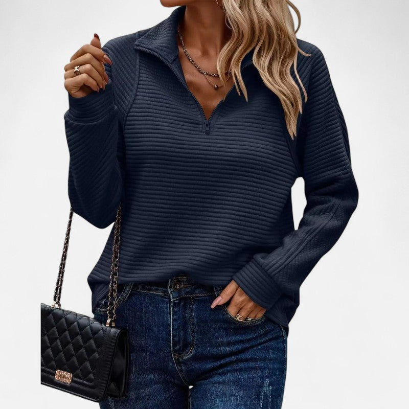 Pull femme en maille côtelée, col montant à demi-zip, bleu foncé