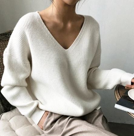 Pull oversize femme à col V, coupe ample, trois coloris, blanc
