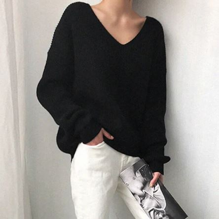 Pull oversize femme à col V, coupe ample, trois coloris, noir