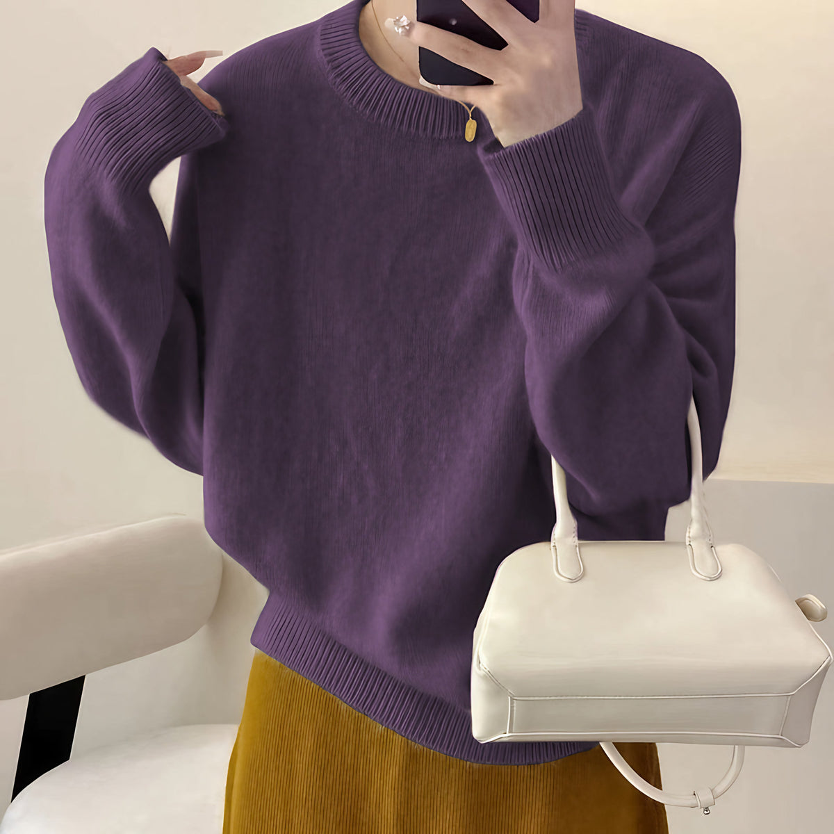 Pull oversize femme col rond, épaules tombantes, 14 coloris, violet foncé