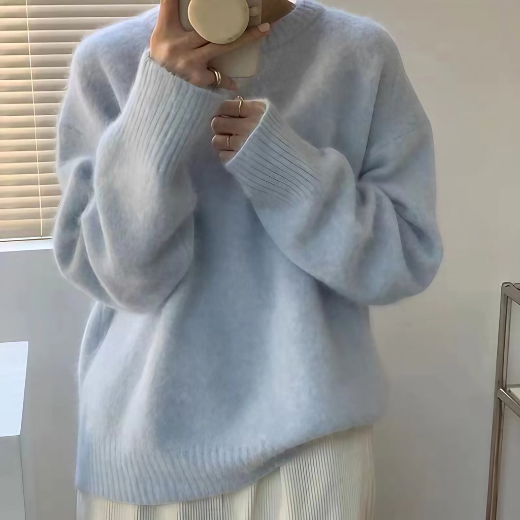Pull oversize femme col rond, épaules tombantes, 14 coloris, bleu clair