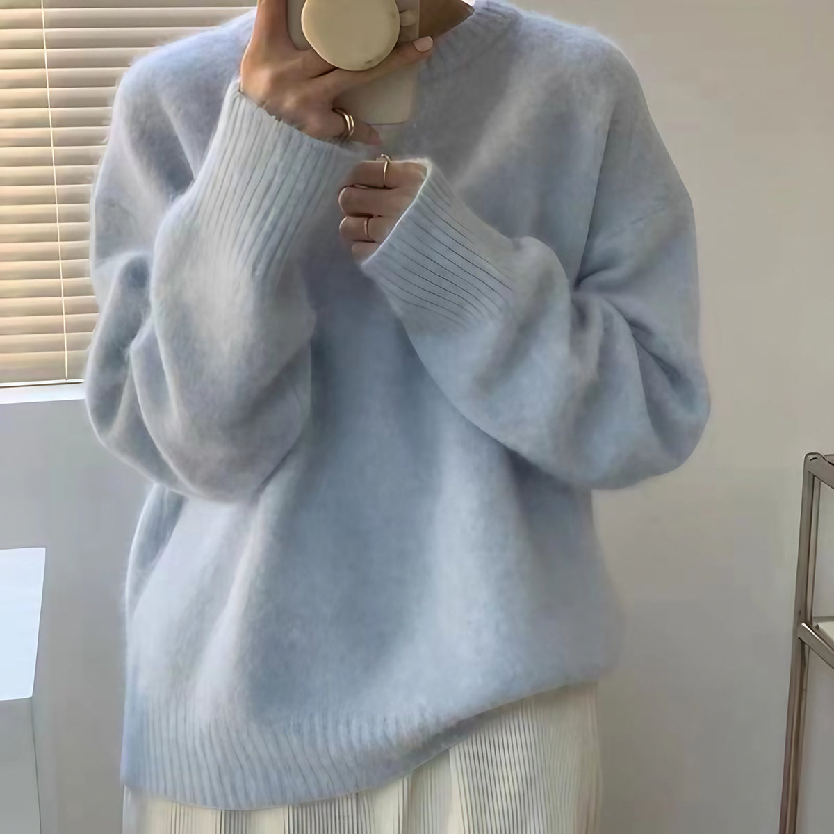 Pull oversize femme col rond, épaules tombantes, 14 coloris, bleu clair