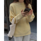 Pull oversize femme col rond, épaules tombantes, 14 coloris, jaune