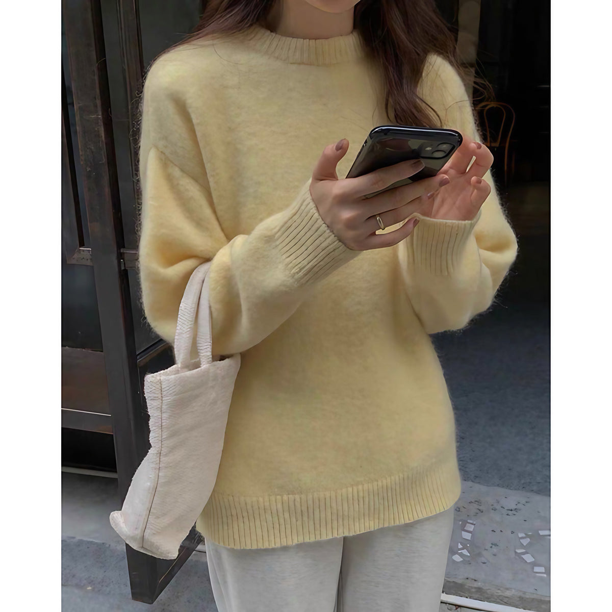 Pull oversize femme col rond, épaules tombantes, 14 coloris, jaune