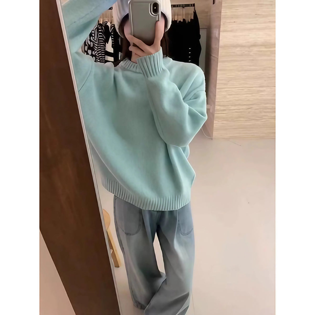 Pull oversize femme col rond, épaules tombantes, 14 coloris, bleu menthe
