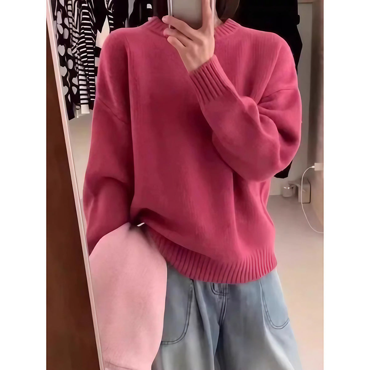 Pull oversize femme col rond, épaules tombantes, 14 coloris, rose
