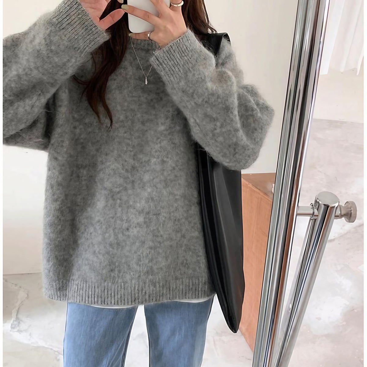 Pull oversize femme col rond, épaules tombantes, 14 coloris, gris foncé