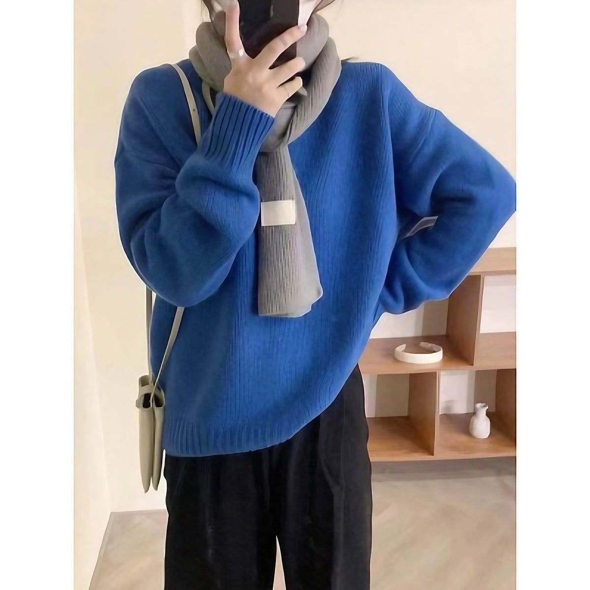 Pull oversize femme col rond, épaules tombantes, 14 coloris, bleu foncé