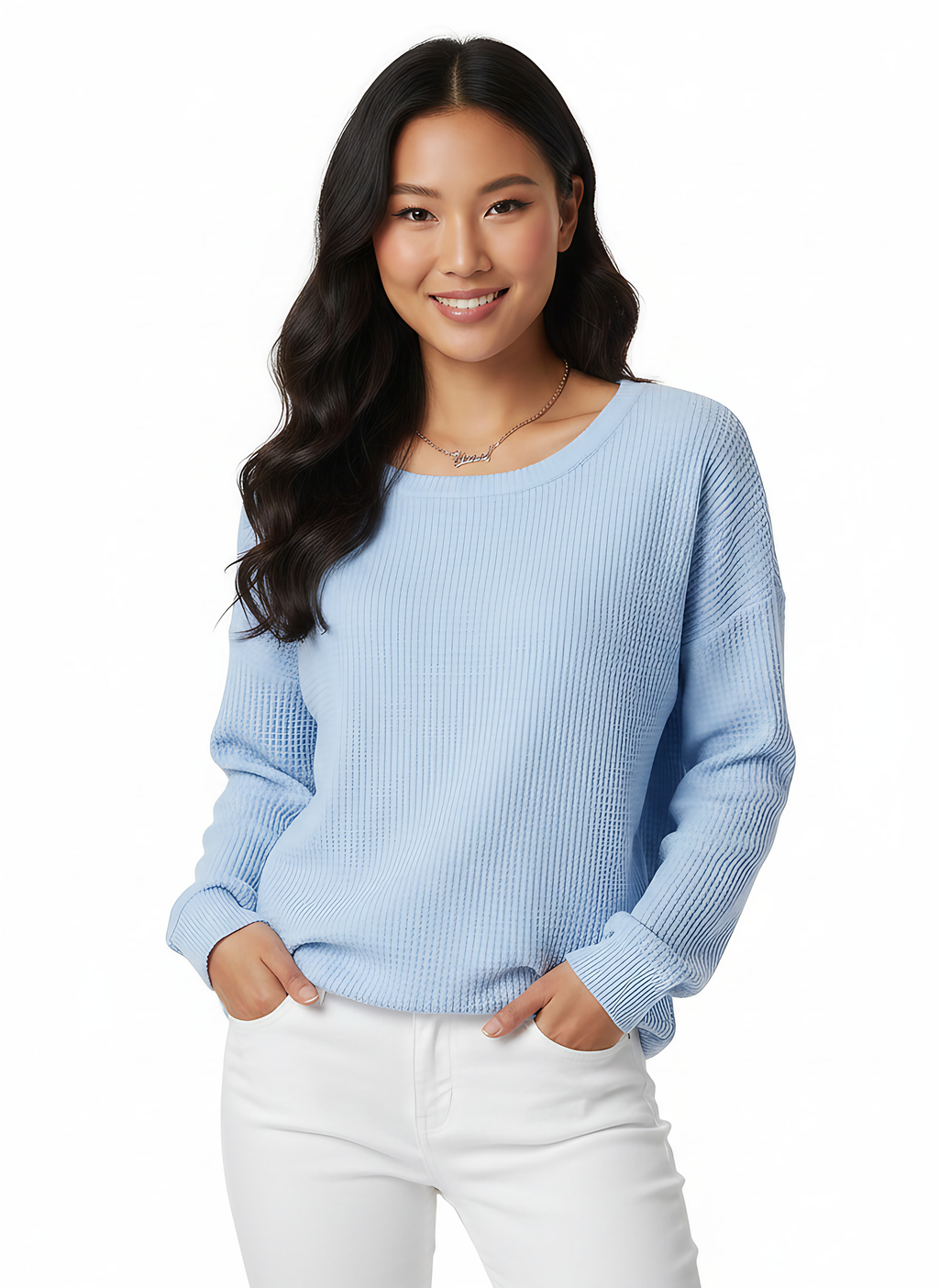 Pull oversize femme en maille gaufrée, dix coloris, bleu clair