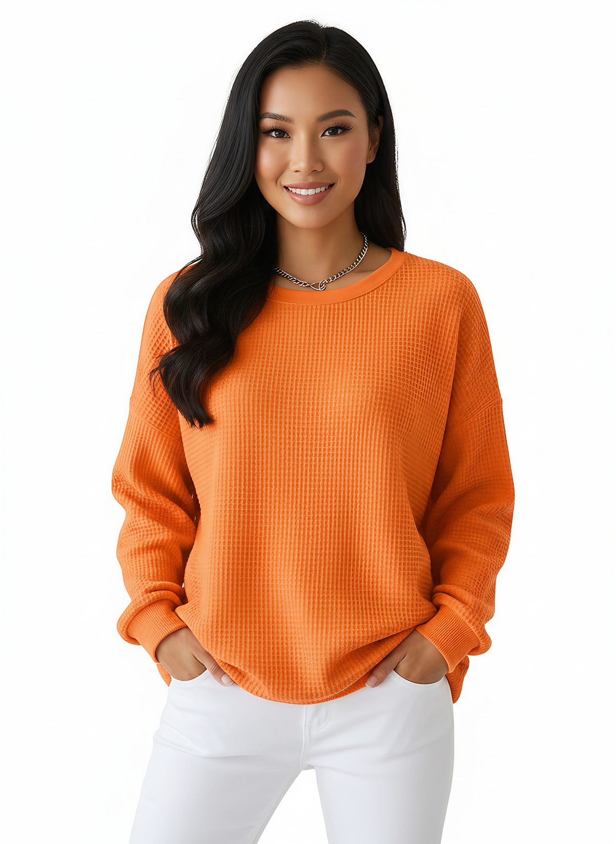 Pull oversize femme en maille gaufrée, dix coloris, orange