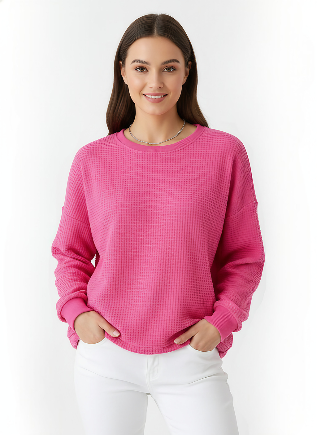Pull oversize femme en maille gaufrée, dix coloris, rose foncé