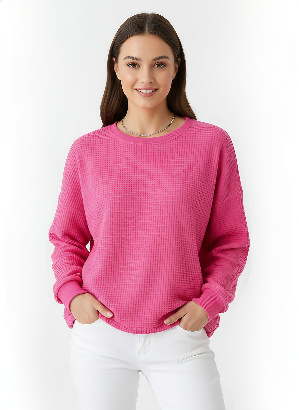Pull oversize femme en maille gaufrée, dix coloris, rose foncé
