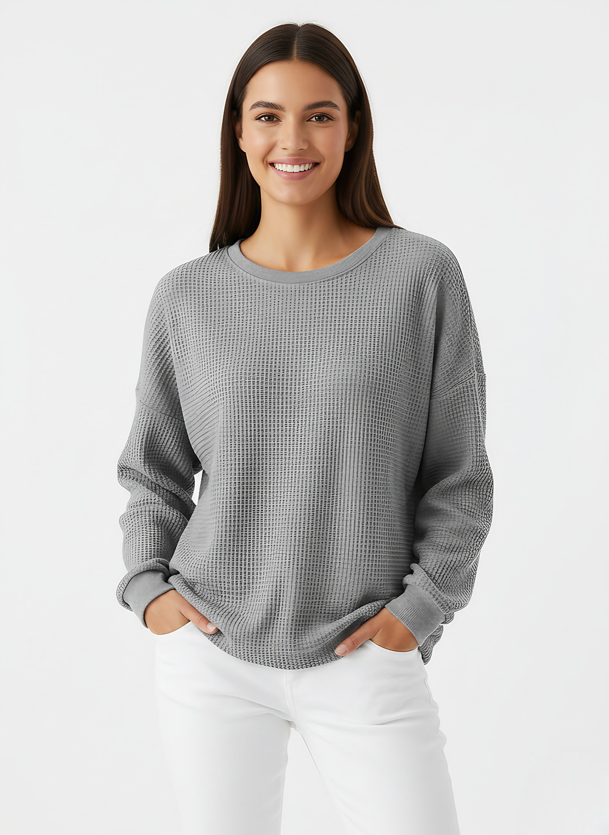 Pull oversize femme en maille gaufrée, dix coloris, gris