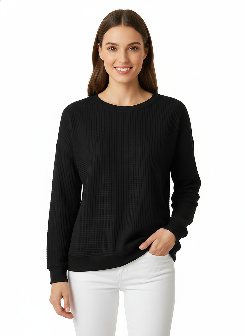 Pull oversize femme en maille gaufrée, dix coloris, noir