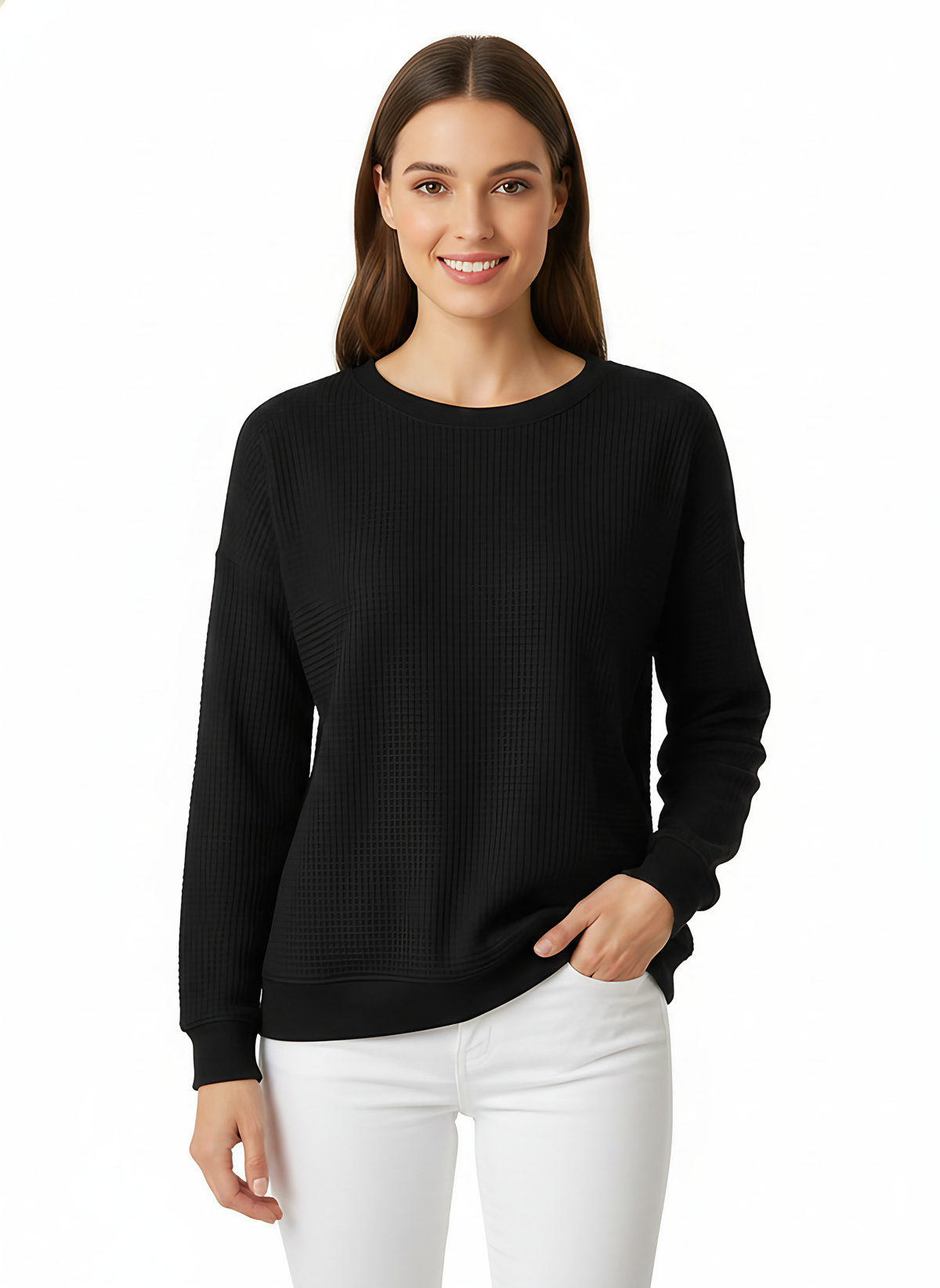 Pull oversize femme en maille gaufrée, dix coloris, noir
