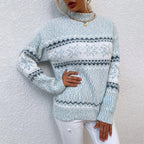 Pull femme à motif nordique, maille douce, coupe ample, bleu azur