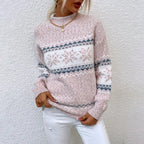 Pull femme à motif nordique, maille douce, coupe ample, rose