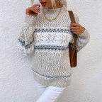 Pull femme à motif nordique, maille douce, coupe ample, beige