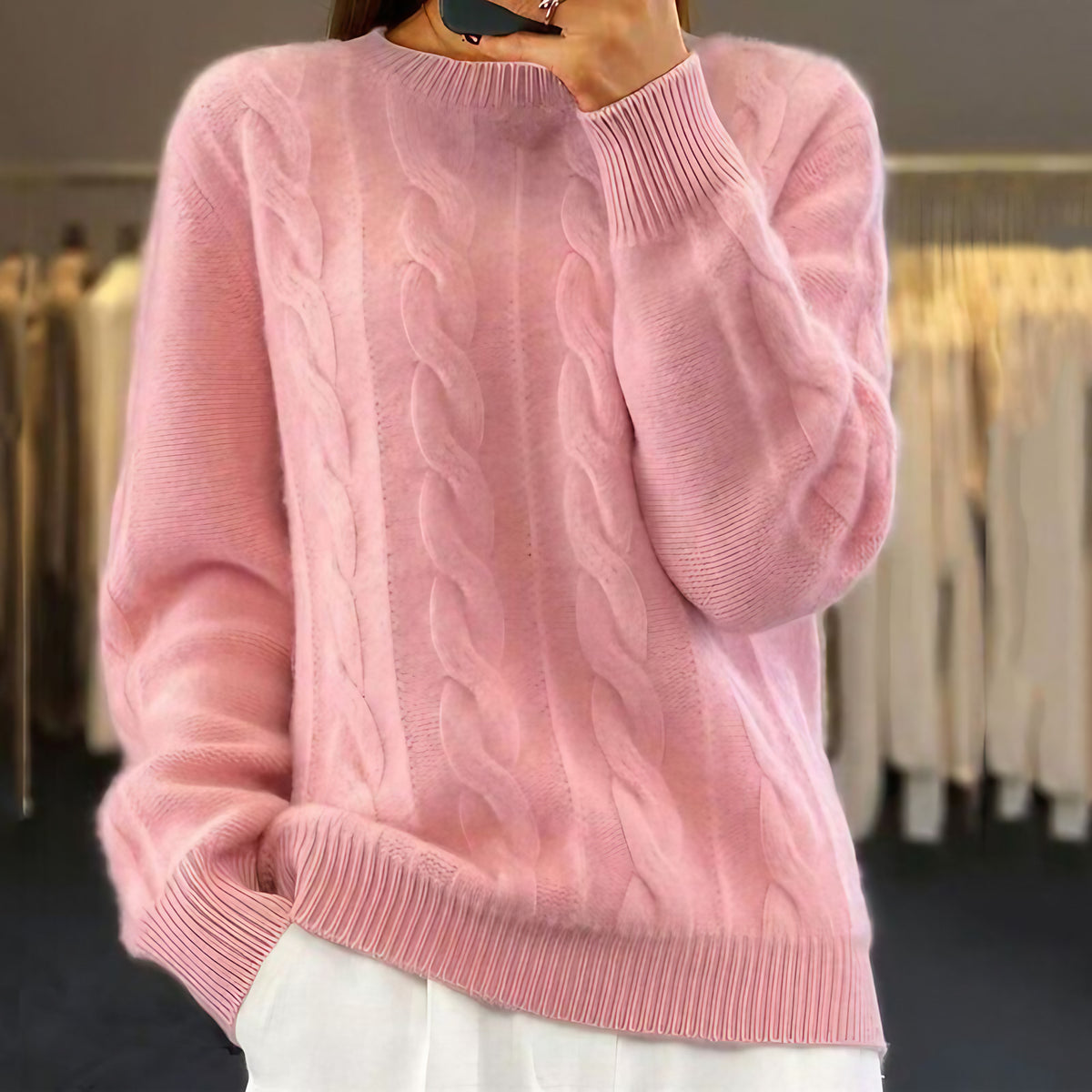 Pull torsadé femme à col rond, coupe ajustée, cinq coloris, rose