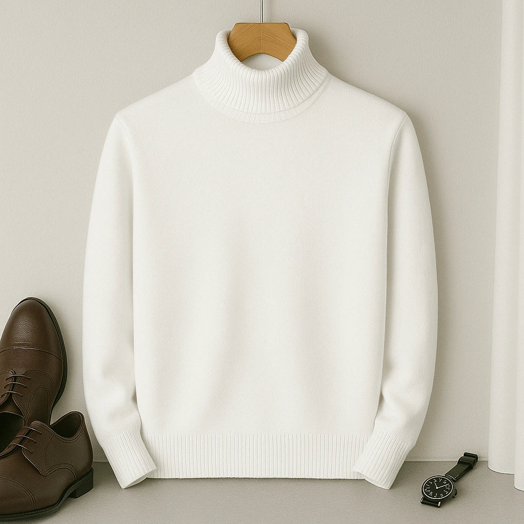 Pull col roulé homme à col côtelé, doublure intérieure douce, blanc