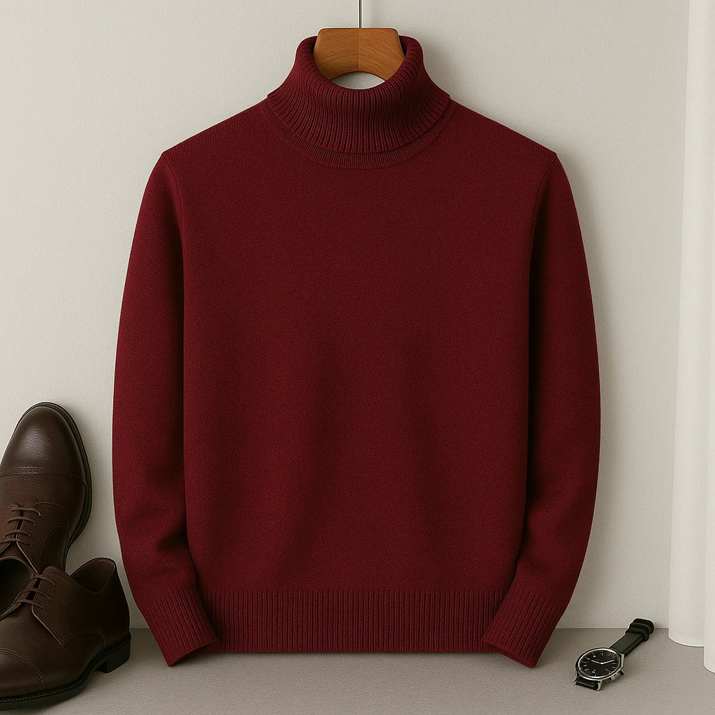 Pull col roulé homme à col côtelé, doublure intérieure douce, rouge vin