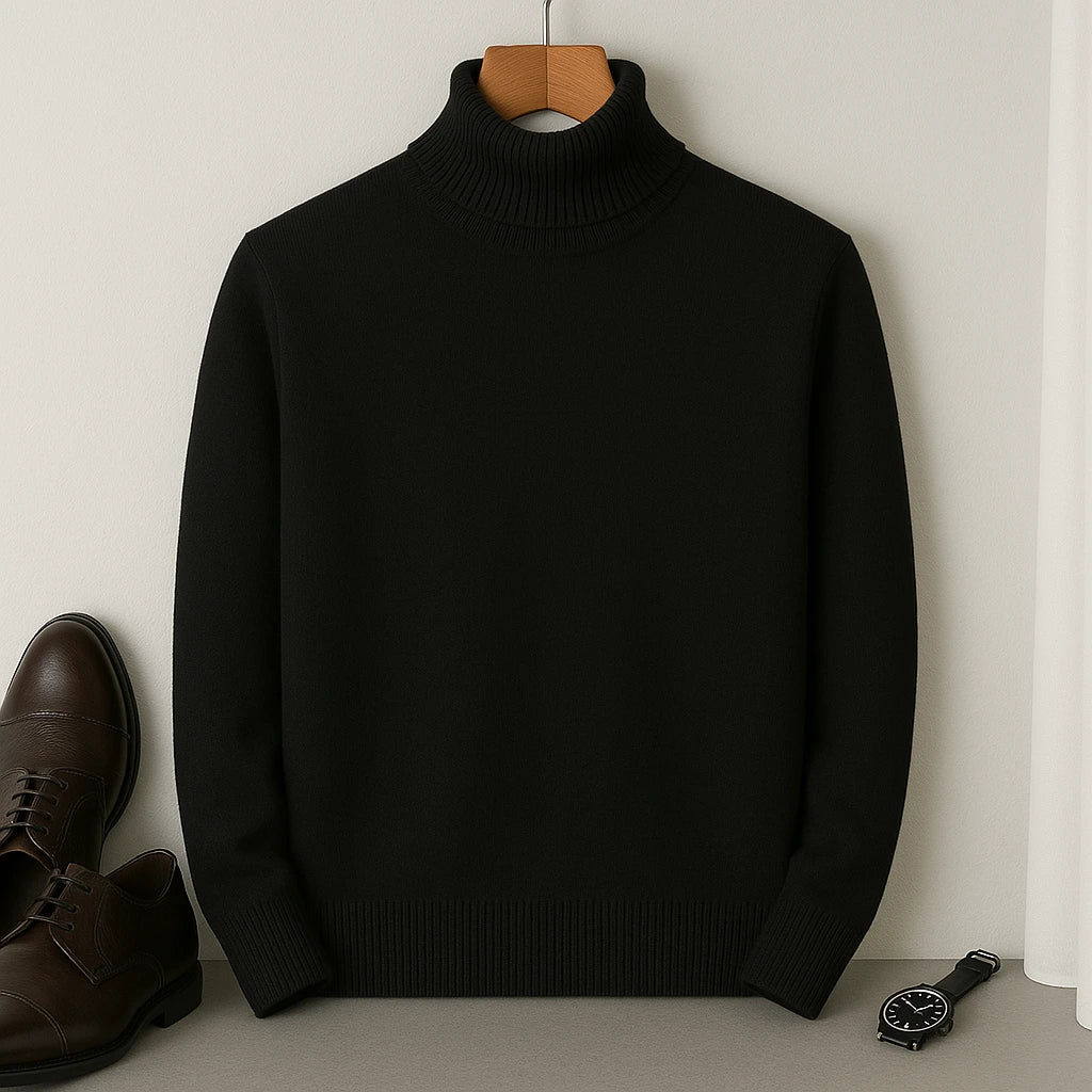Pull col roulé homme à col côtelé, doublure intérieure douce, noir