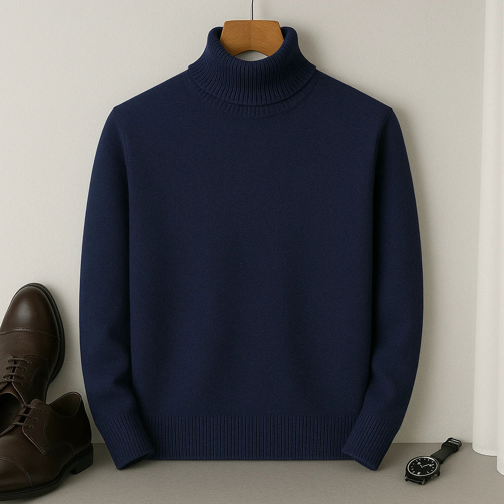 Pull col roulé homme à col côtelé, doublure intérieure douce, bleu foncé