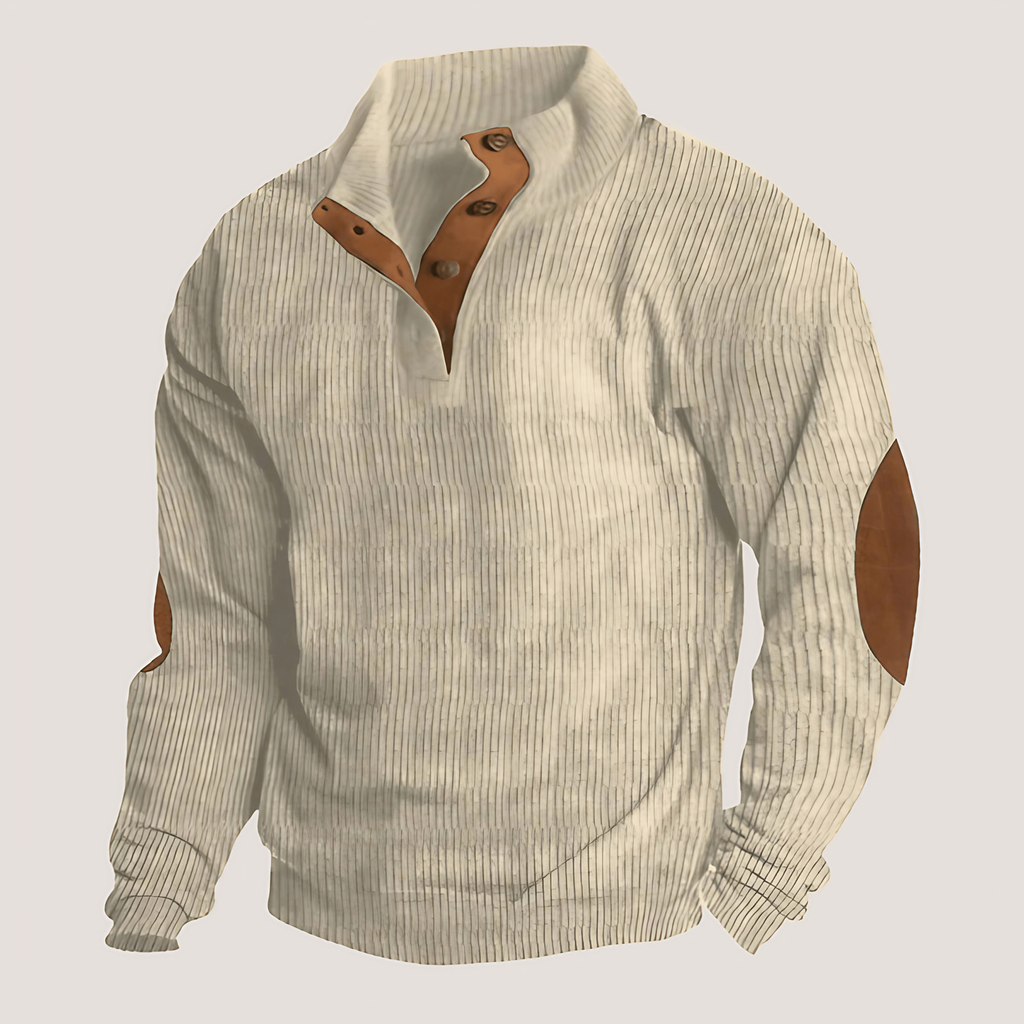 Pull homme à col montant boutonné et coudières, du XS au 4XL, beige