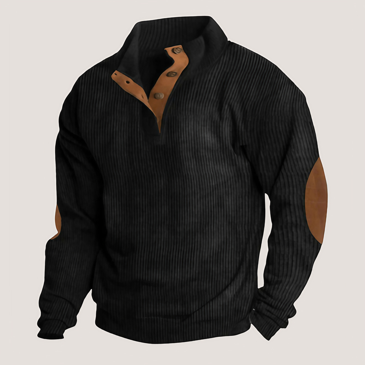 Pull homme à col montant boutonné et coudières, du XS au 4XL, noir