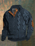 Pull à torsades homme, col montant boutonné, manches longues, bleu foncé