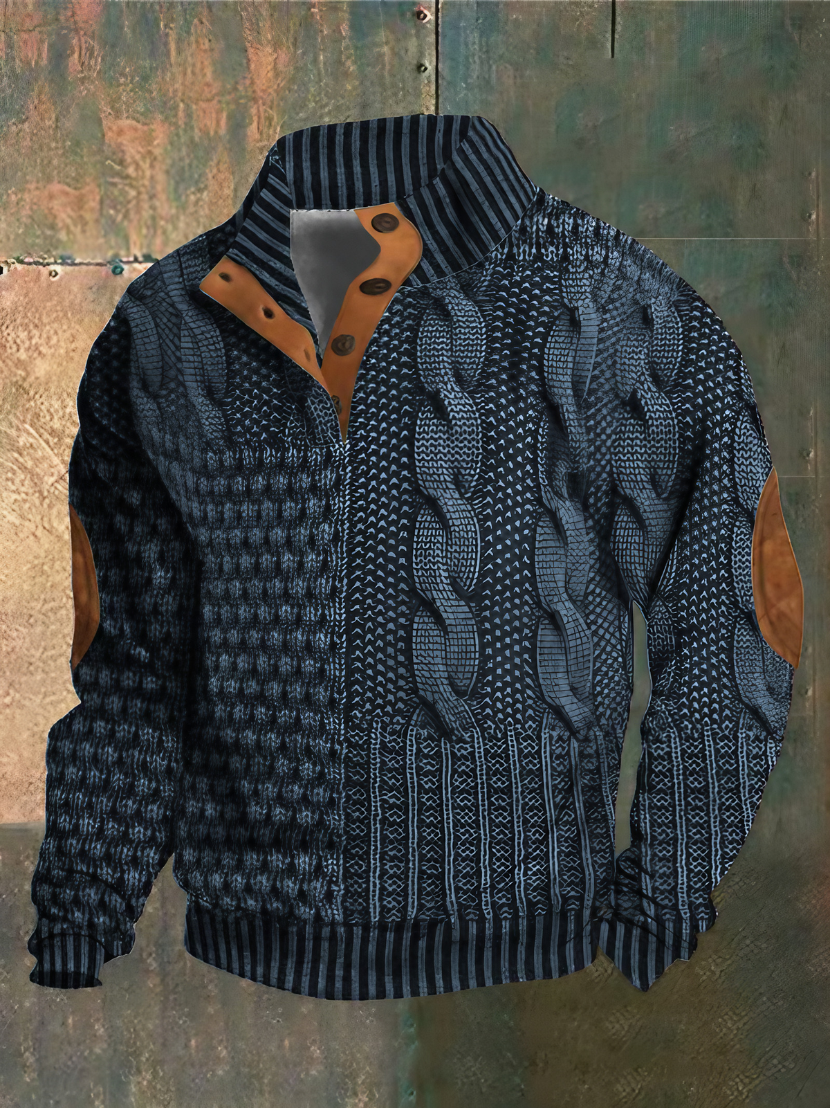 Pull à torsades homme, col montant boutonné, manches longues, bleu foncé