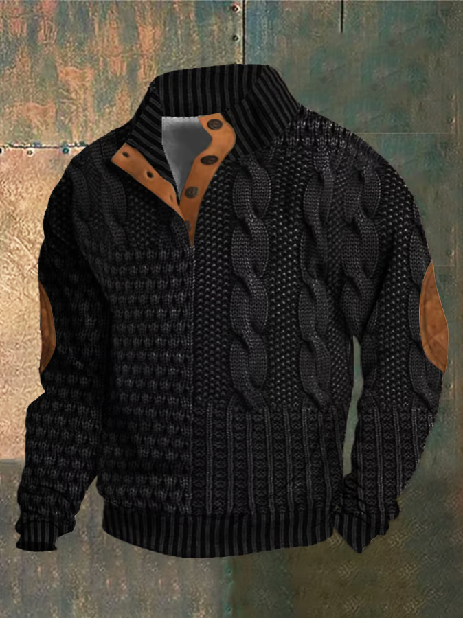 Pull à torsades homme, col montant boutonné, manches longues, noir