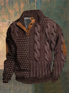 Pull à torsades homme, col montant boutonné, manches longues, rouge vin