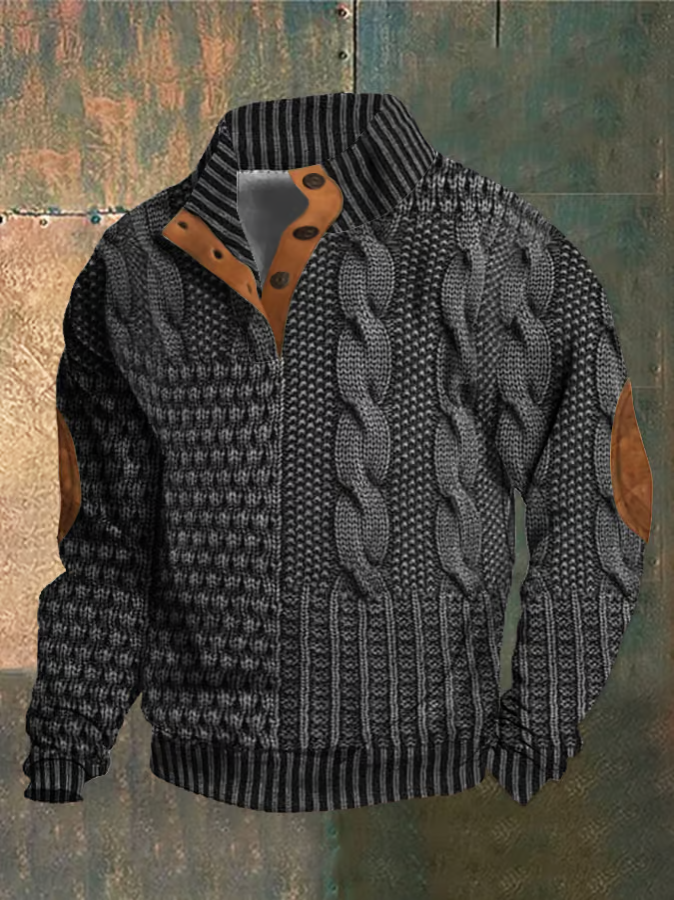 Pull à torsades homme, col montant boutonné, manches longues, gris foncé