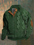 Pull à torsades homme, col montant boutonné, manches longues, vert