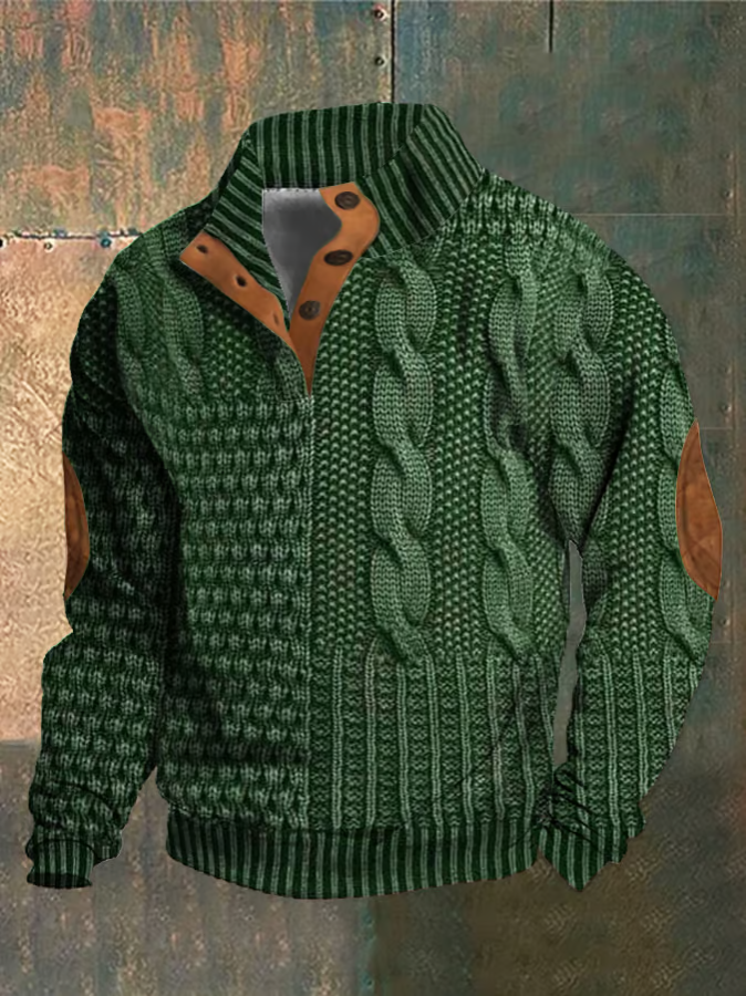 Pull à torsades homme, col montant boutonné, manches longues, vert