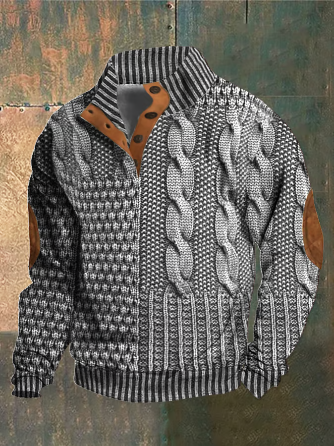 Pull à torsades homme, col montant boutonné, manches longues, gris clair